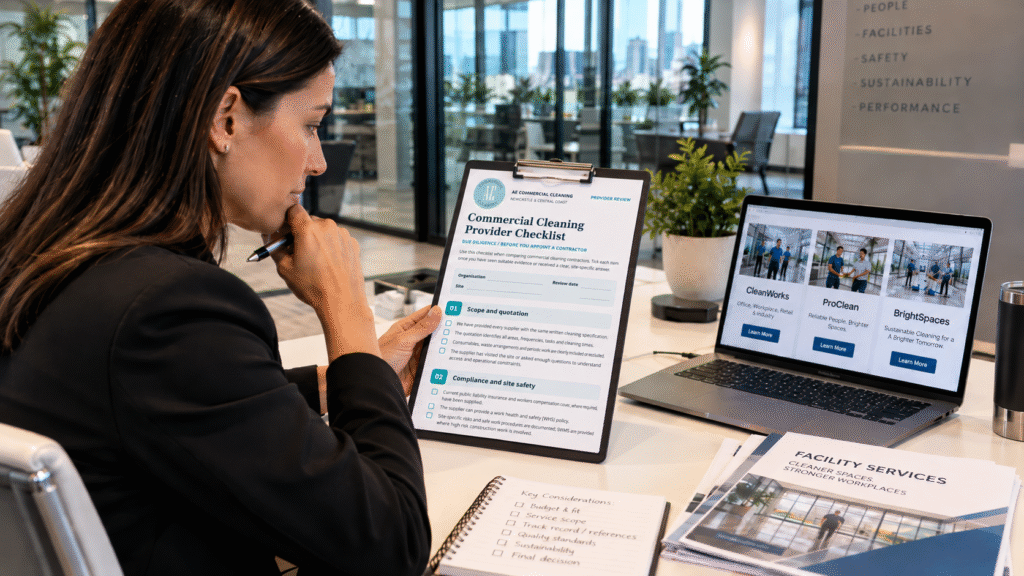 A woman looking at a list, try to choose a commercial cleaner